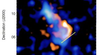 Spectral separation image produced using a technique related to that of spectral tomography in order to highlight the flatter and steeper components in CIZA0107. Credit: arXiv (2024).