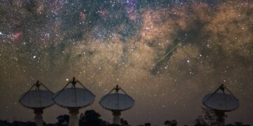 CSIRO's ASKAP radio telescope is made up of 36 dishes spread out across 6km on Wajarri Country. Credit: Alex Cherney/CSIRO