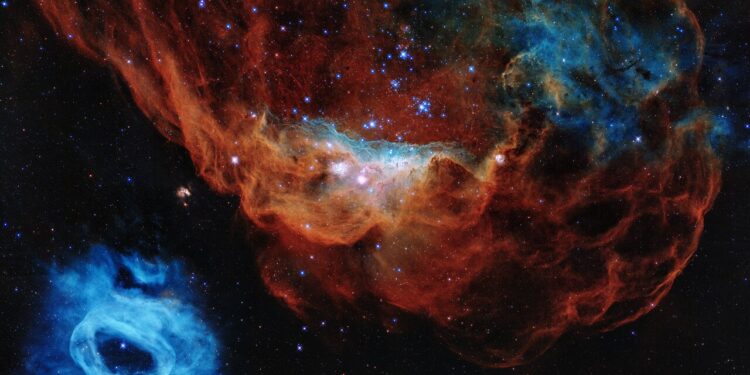 This image is one of the most photogenic examples of the many turbulent stellar nurseries the NASA/ESA Hubble Space Telescope has observed during its 30-year lifetime. The portrait features the giant nebula NGC 2014 and its neighbour NGC 2020 which together form part of a vast star-forming region in the Large Magellanic Cloud, a satellite galaxy of the Milky Way, approximately 163 000 light-years away.