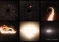 This six-panel illustration of a tidal disruption event around a supermassive black hole shows the following: 1) A supermassive black hole is adrift inside a galaxy, its presence only detectable by gravitational lensing; 2) A wayward star gets swept up in the black hole's intense gravitational pull; 3) The star is stretched or "spaghettified" by gravitational tidal effects; 4) The star's remnants form a disk around the black hole; 5) There is a period of black hole accretion, pouring out radiation across the electromagnetic spectrum, from X-rays to radio wavelengths; and 6) The host galaxy, seen from afar, contains a bright flash of energy that is offset from the galaxy's nucleus, where an even more massive black hole dwells. Credit: NASA, ESA, STScI, Ralf Crawford (STScI)
